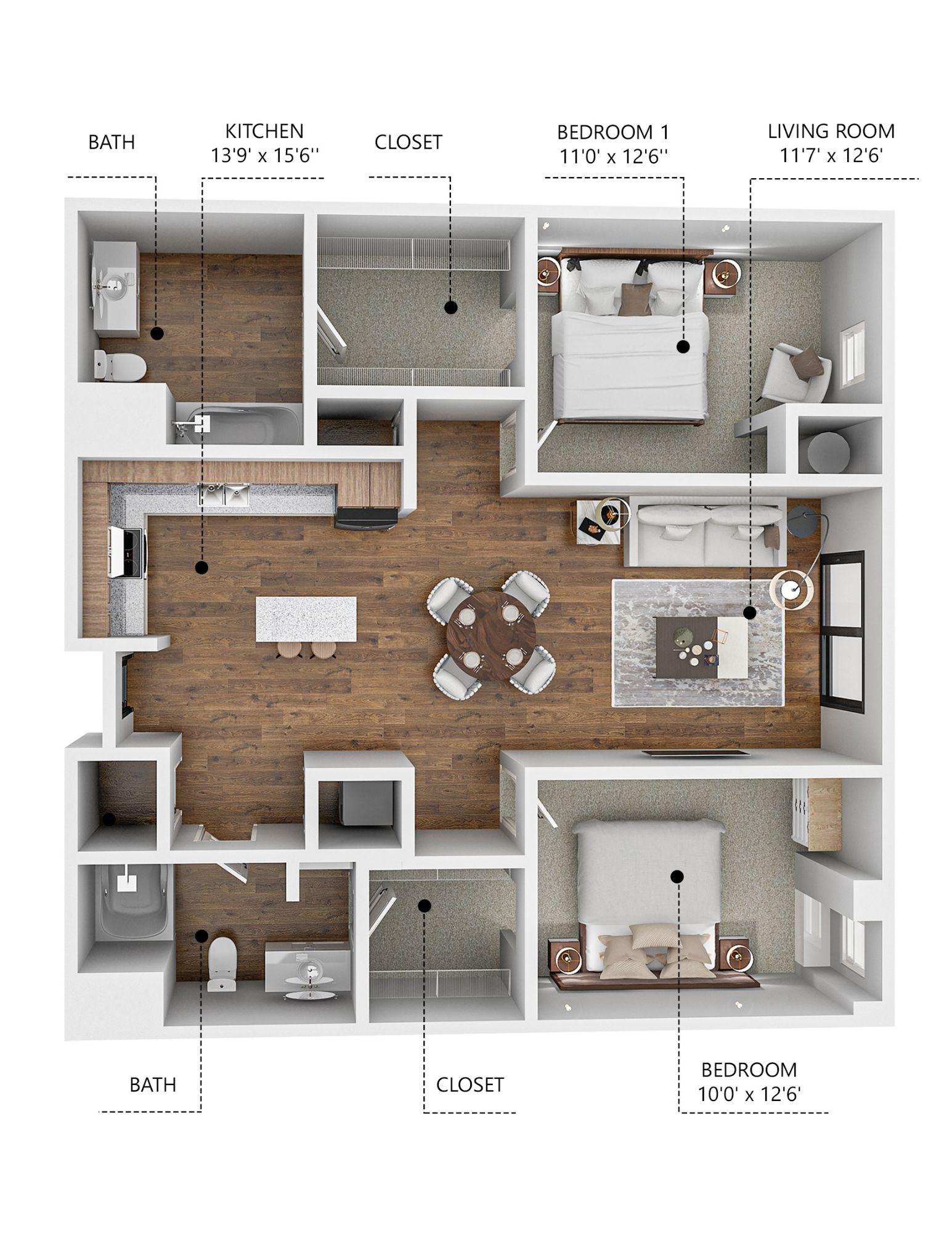 Floor plan for 2 beds, 2 baths, 989 sqft